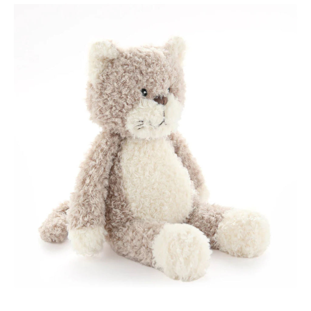 Grey soft toy cat with a cream coloured tummy and paws. Sitting against a white background