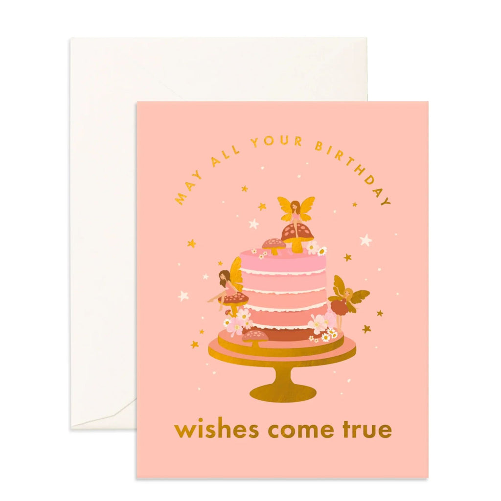 Pink greeting card with a cake and fairies