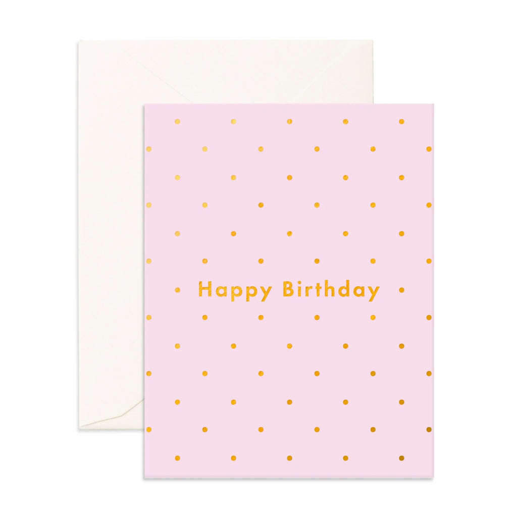 Light purple greeting card heading happy birthday in gold text with gold spots