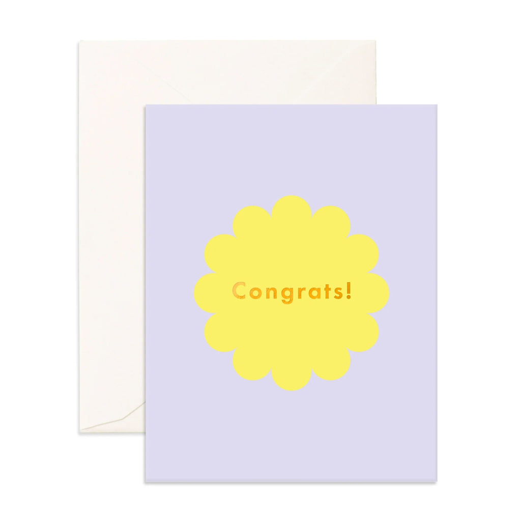 Purple greeting card with yellow flower reading "congrats" in gold with an envelope