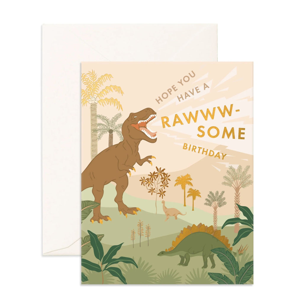 Beige greeting card with dinosaur's reading "Hope you have a Rawww-some Birthday" in gold with an envelope