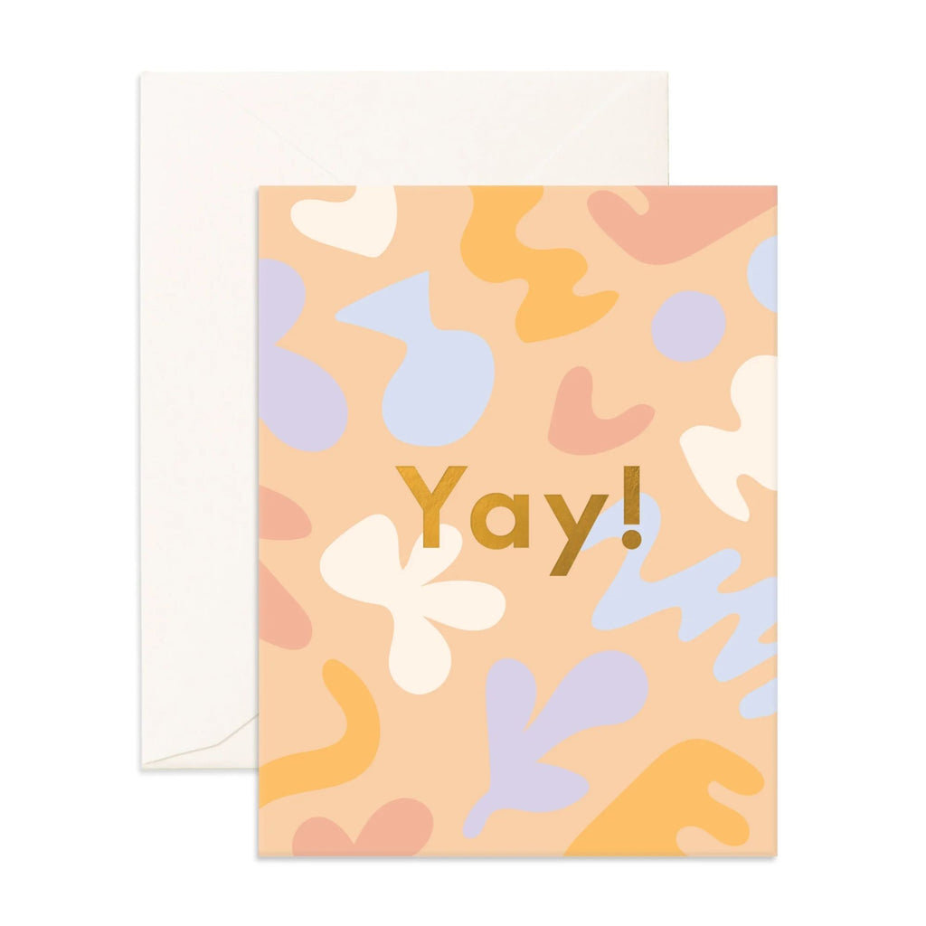 Orange greeting card with coloured blobs reading "yay!" in a golf font with an envelope