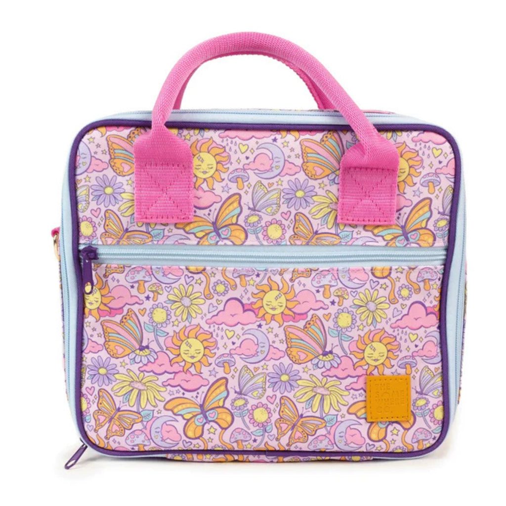 lunch bag cooler with zip. against a white background. Pattern of flowers, butterflies and clouds in pinks, yellows and orange tones