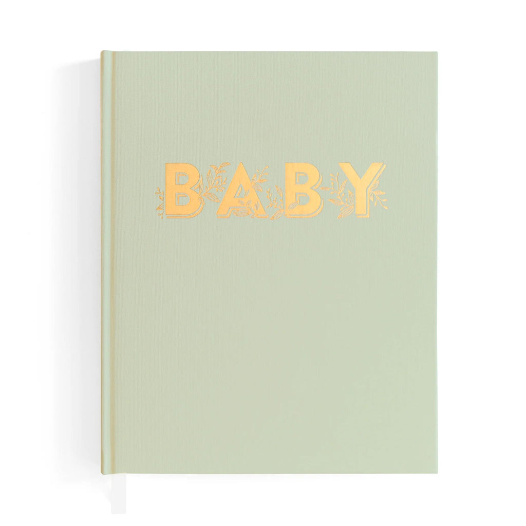 Light green baby journal reading "baby" in gold text