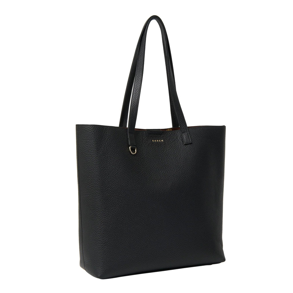 Black leather tote bag with long shoulder strap on a white background