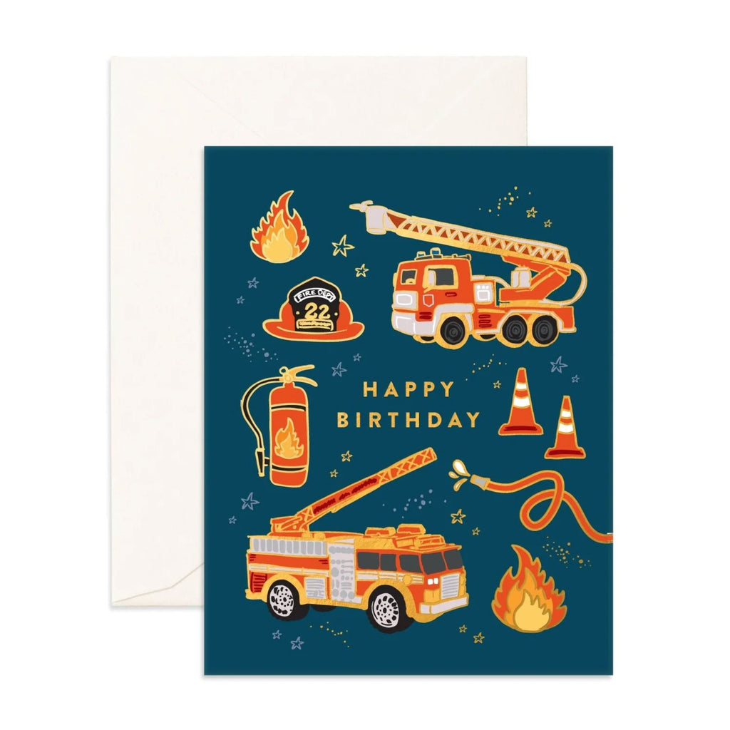 Dark blue greeting card with firetrucks reading "happy birthday" with an envelope