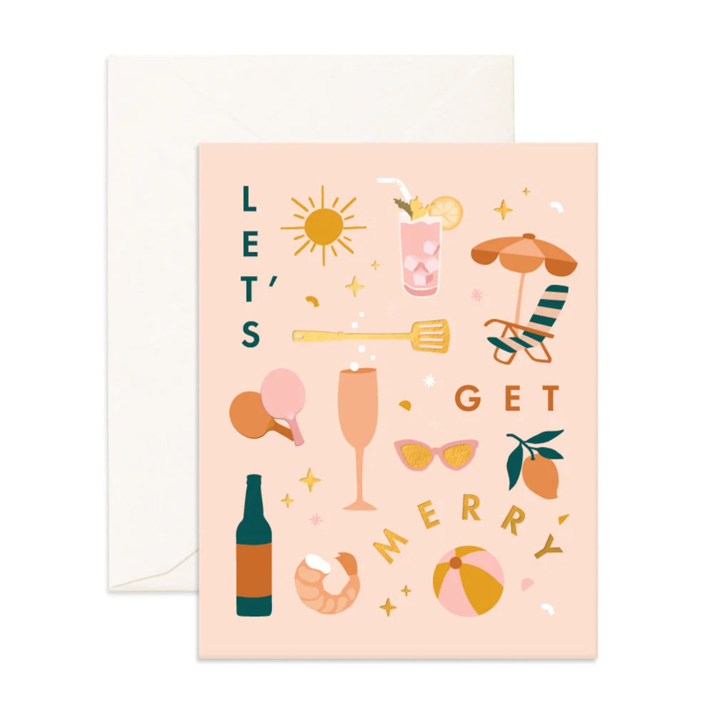 Light pink card with summer icons reading "let's get merry" with an envelope