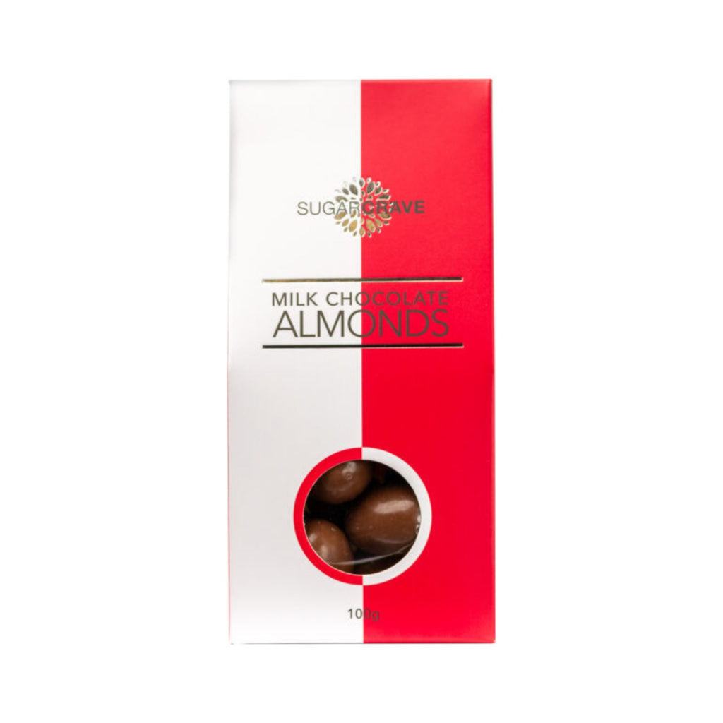 Box of milk chocolate almonds against a white background. Box is red and white with a round clear window to see the almonds insde