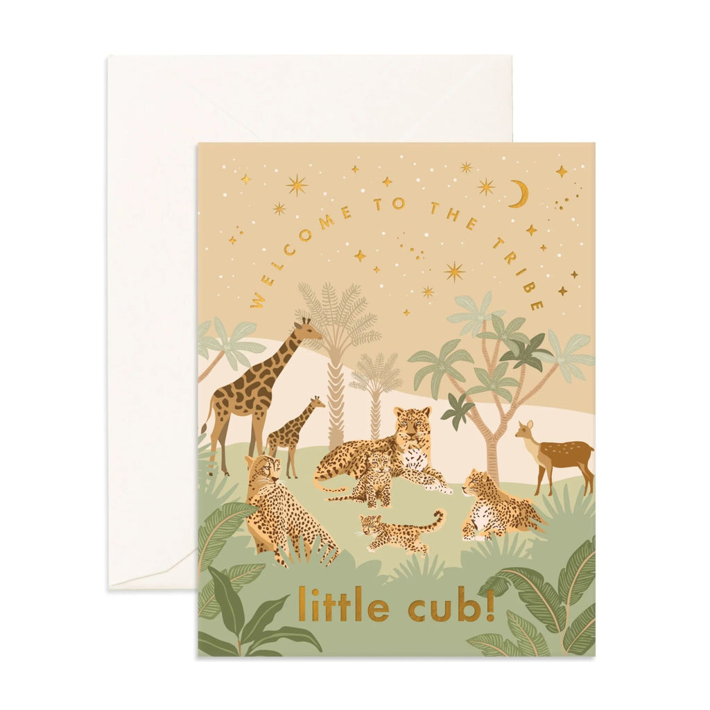 Greeting card with safari animals reading "welcome to the tribe little cub!" in gold text