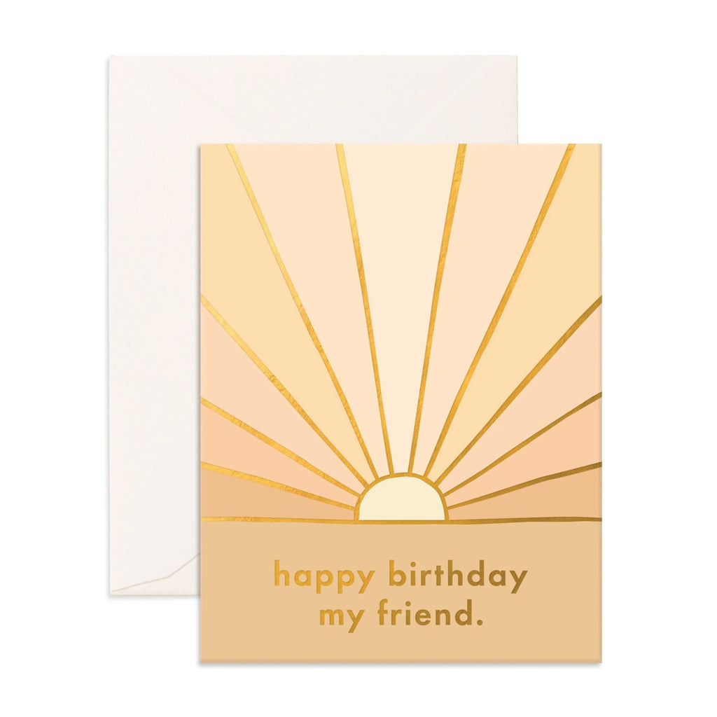 Light orange greeting card with a sun stating "happy birthday my friend." with an envelope