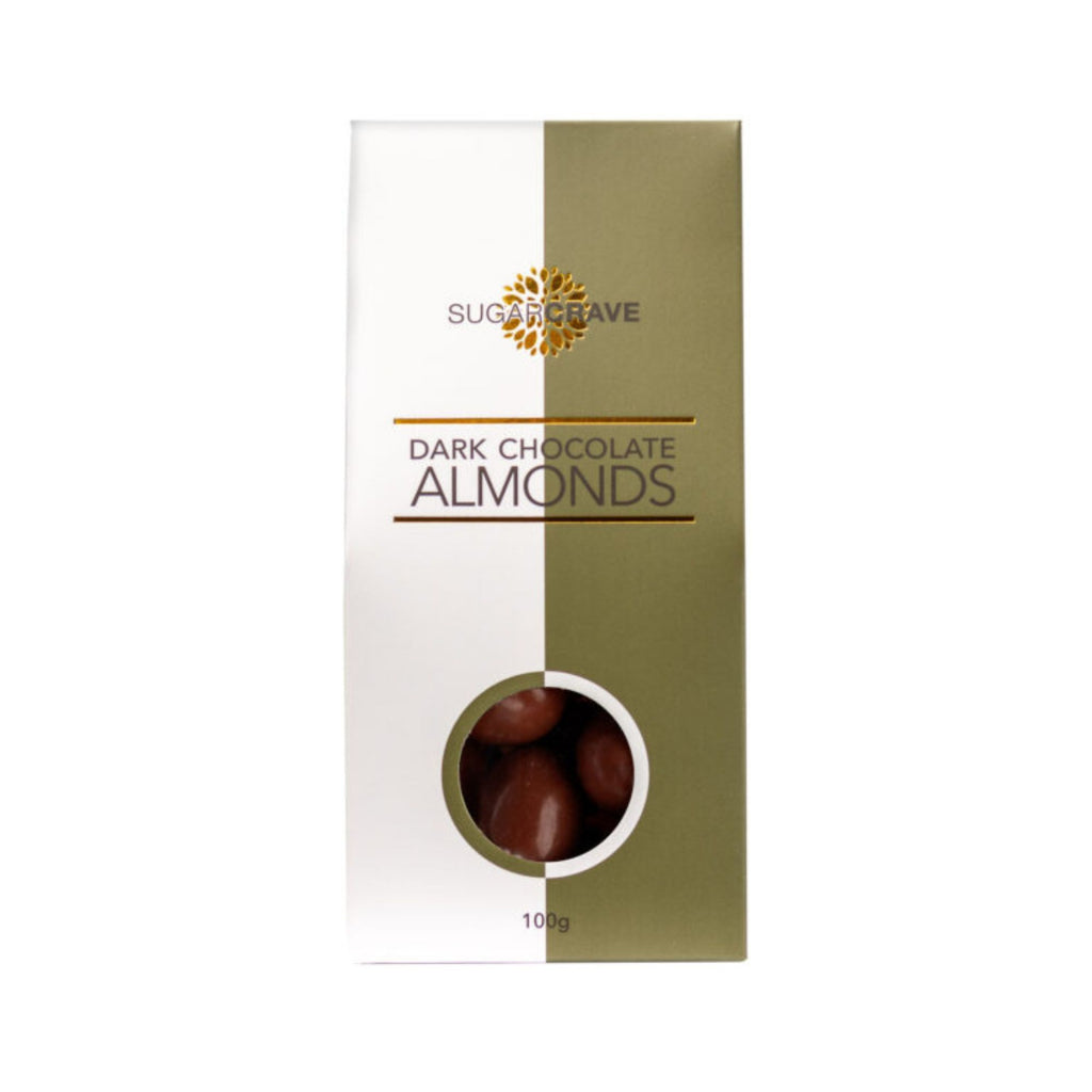 Box of milk chocolate almonds against a white background. Box is green and white with a round clear window to see the almonds inside