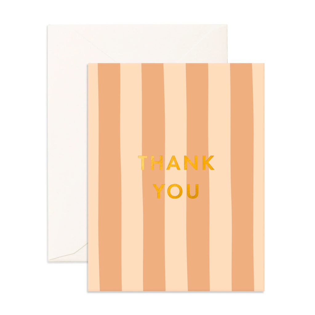 Greeting card with orange stripes reading "thank you" in golf font with an envelope