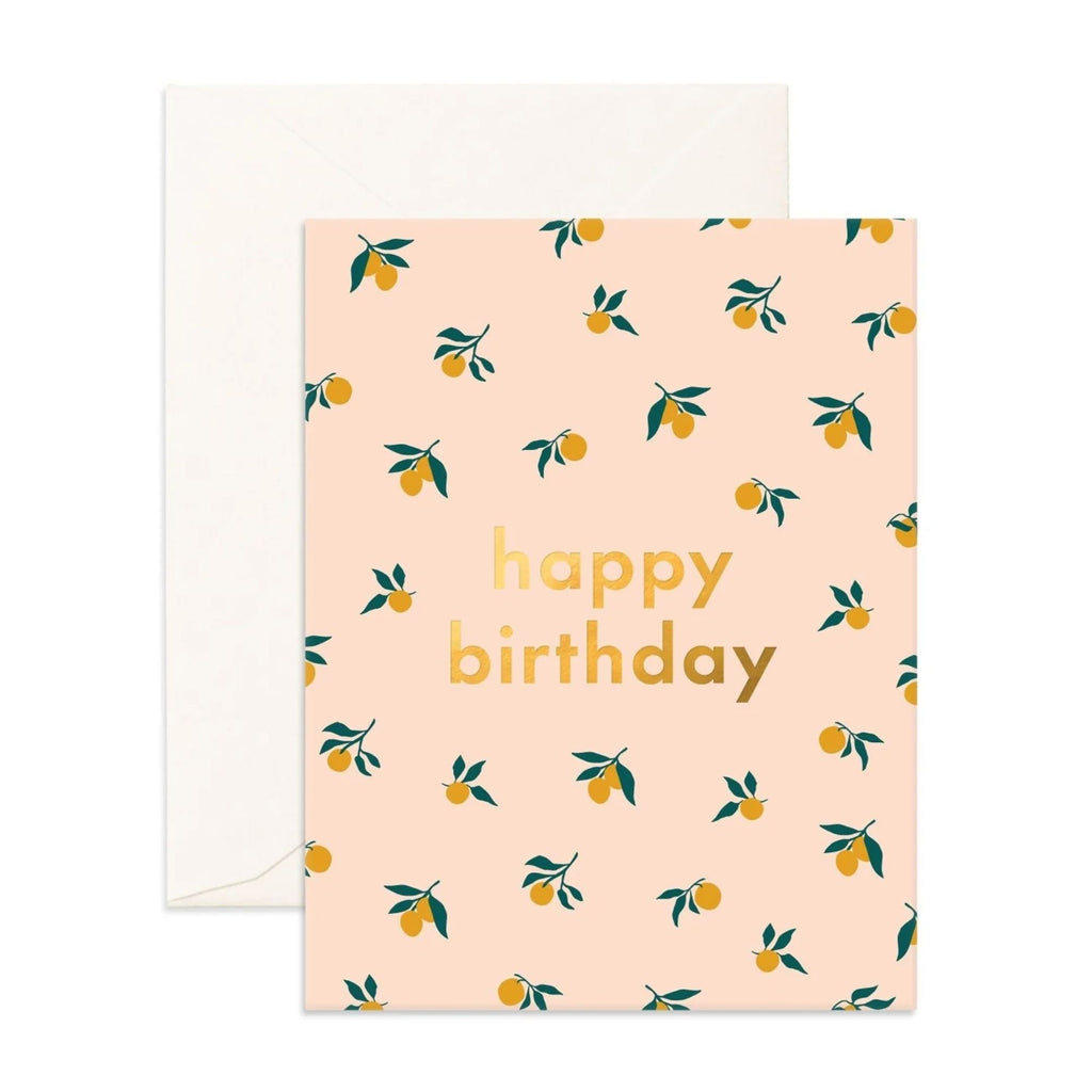 Light pink greeting card with a lemons on it reading happy birthday" with an envelope