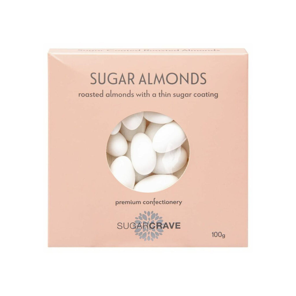 Box of sugar almonds against a white background. Box is a peach colour with a clear window to show the almonds inside. Almonds are white sugar coated