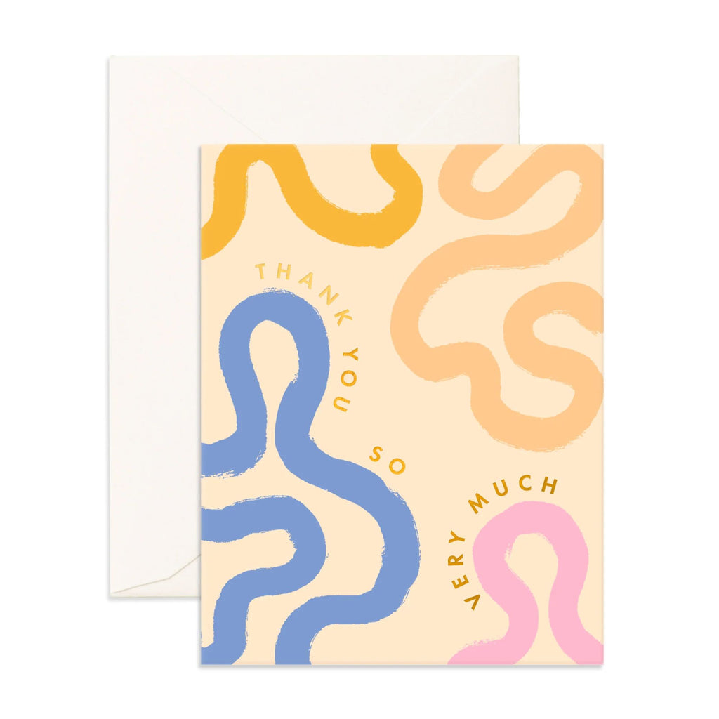 Light orange greeting card with multicoloured swirls on it reading "Thank you so much" in gold text with an envelope