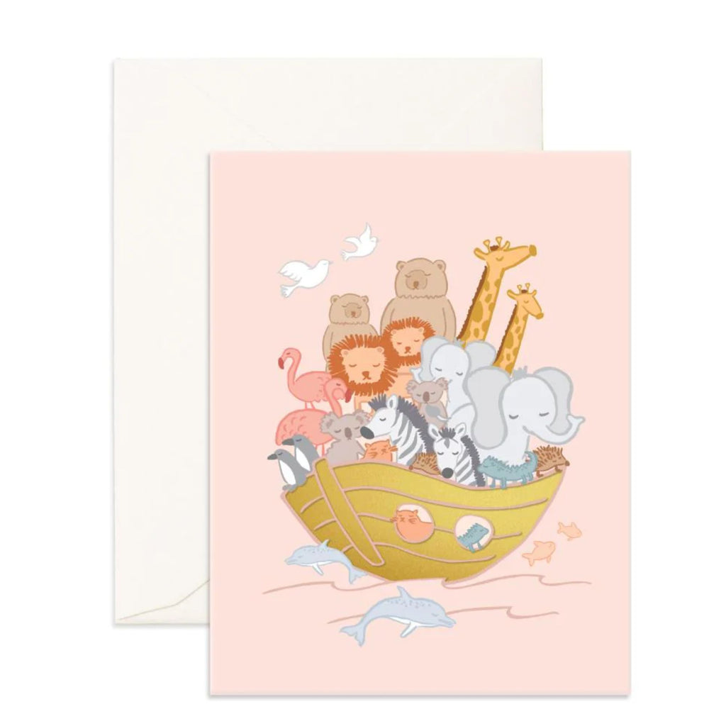 Light pink greeting card with various animals in a wooden boat with an envelope