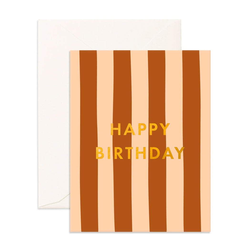 Light pink greeting card with dark orange stripes reading "Happy birthday" in gold text with an envelope