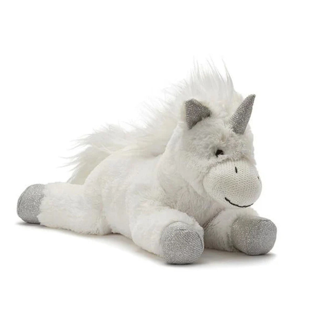 unicorn soft toy in white with sparkly silver hooves and horn. Against a white background