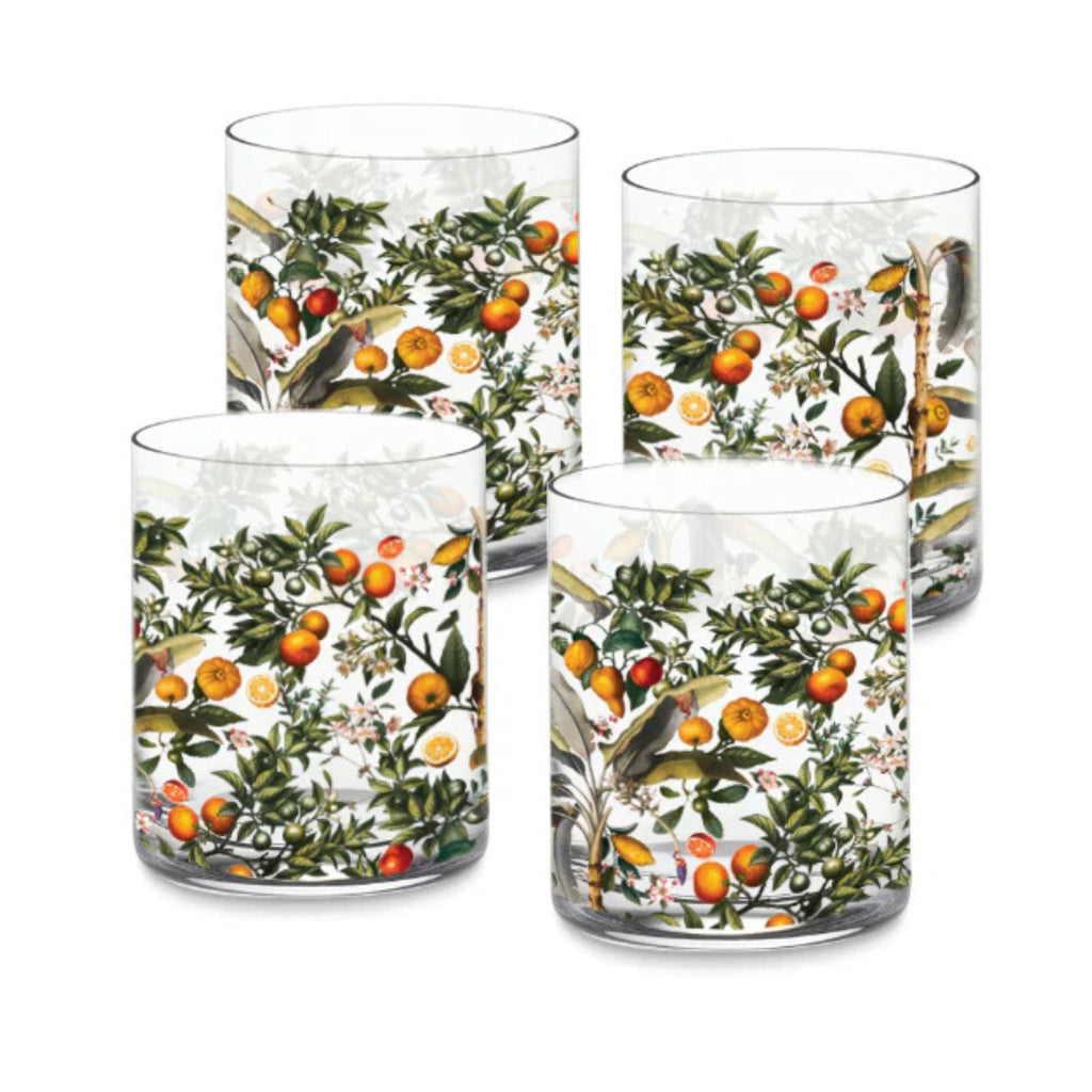 Image of 4 tumbler glassware against a white background. Glasses printed with citrus fruit images and leaves