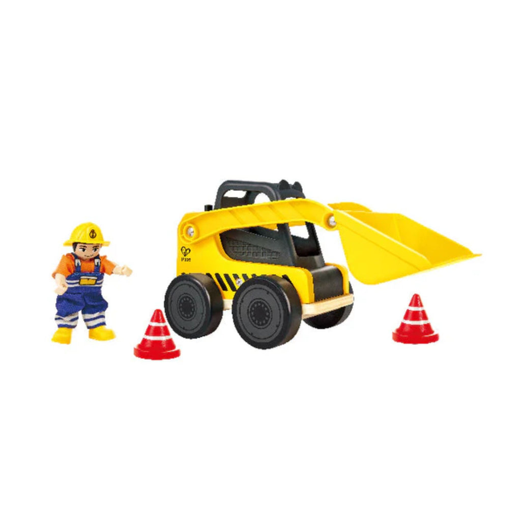 Yellow toy loading truck, construction person figure and 2 red cones