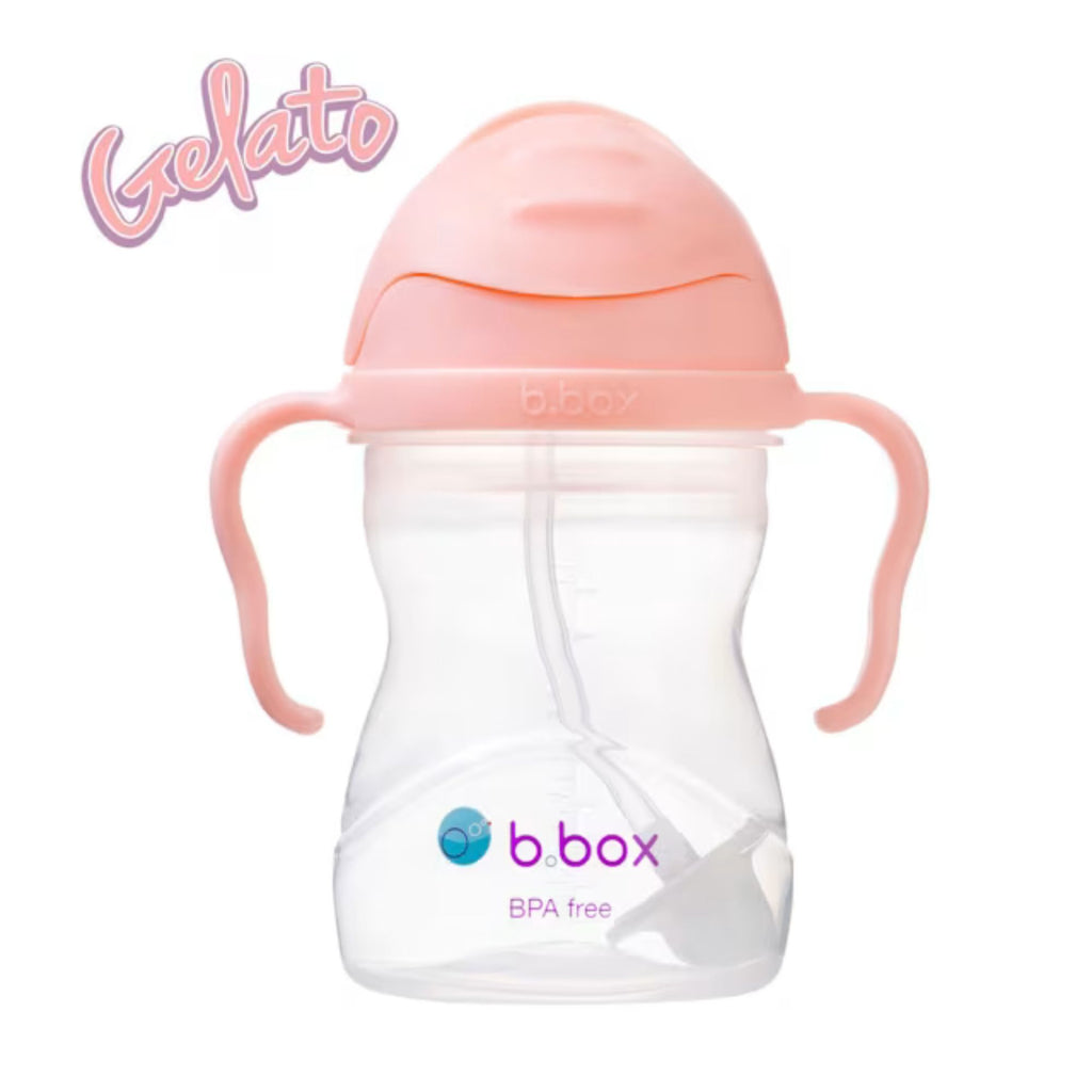 B.Box Sippy Cup V2 Tutti Frutti. A plastic toddler cup with pink handles and a pink lid