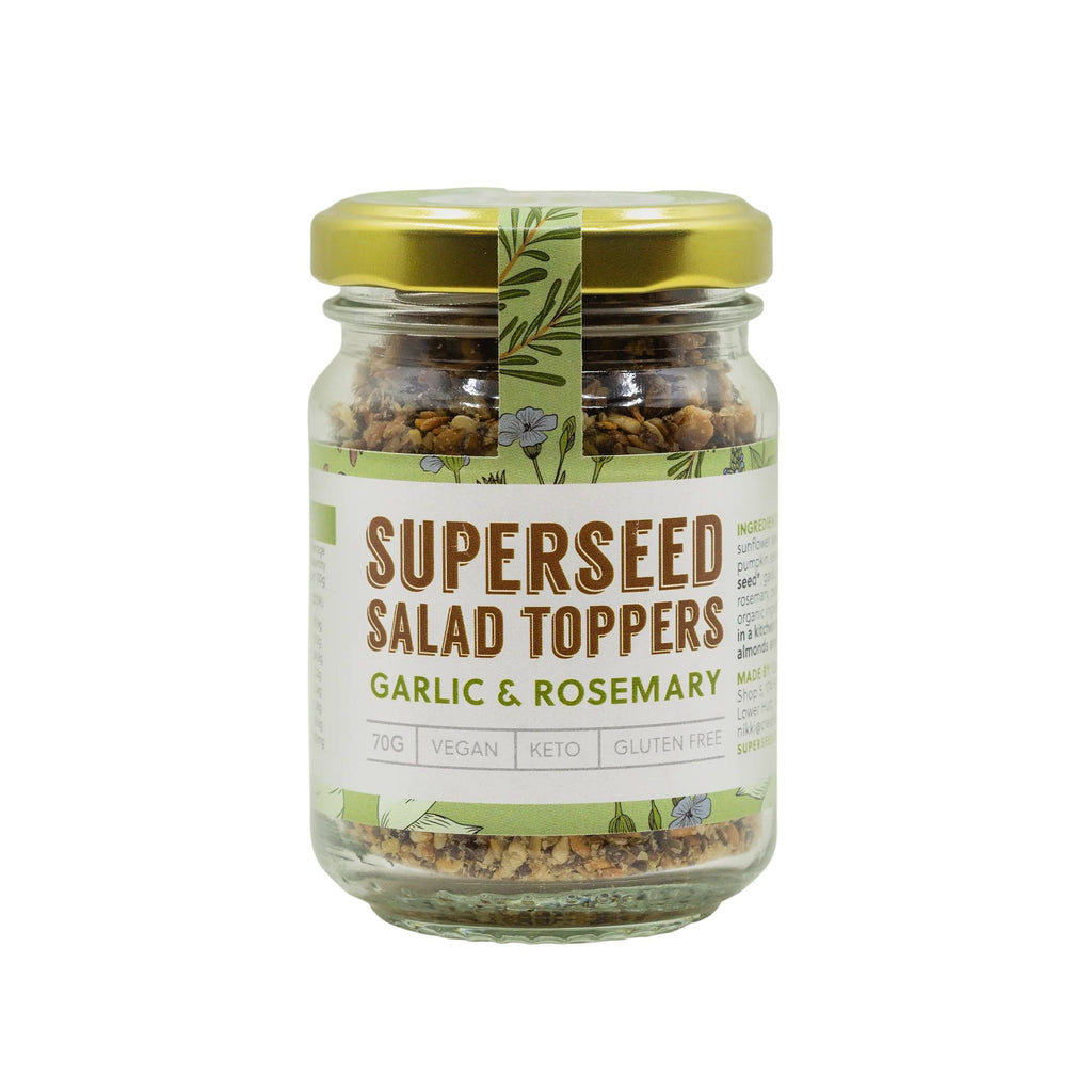 Superseed salad topper in a glass jar with white label