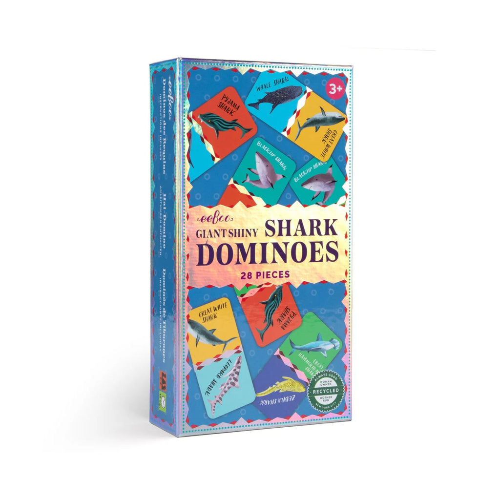 Board-game box stating "Giant shiny shark dominoes"