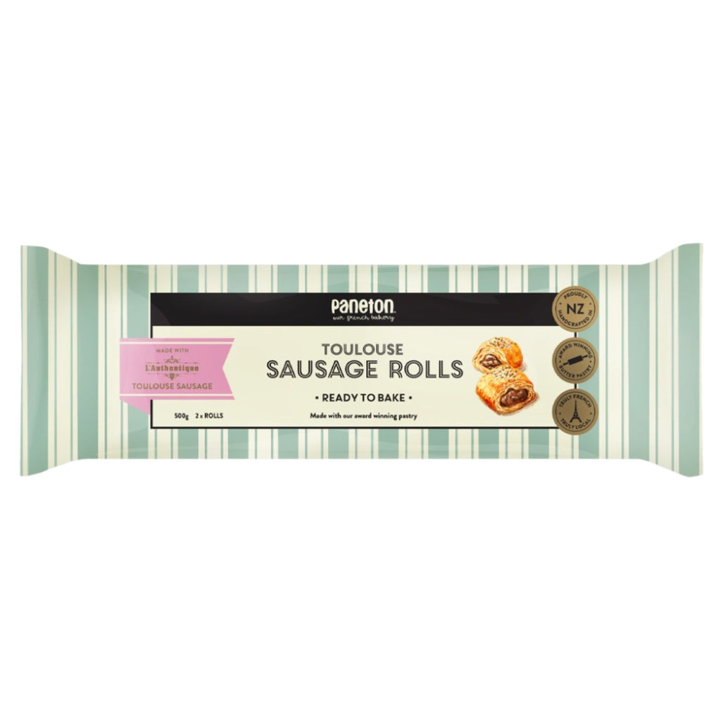 Paneton Toulouse sausage roll pack. Pack is green and white stripe with an image of sausage rolls