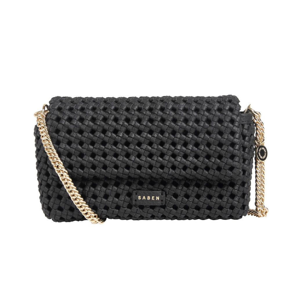 A black Saben brand baguette shaped purse composed of braided black leather with a gold chain