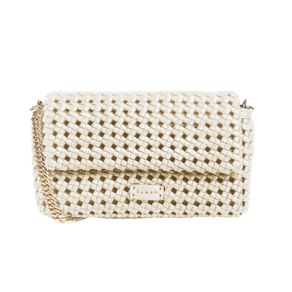 A cream Saben brand baguette shaped purse composed of braided cream leather with a gold chain