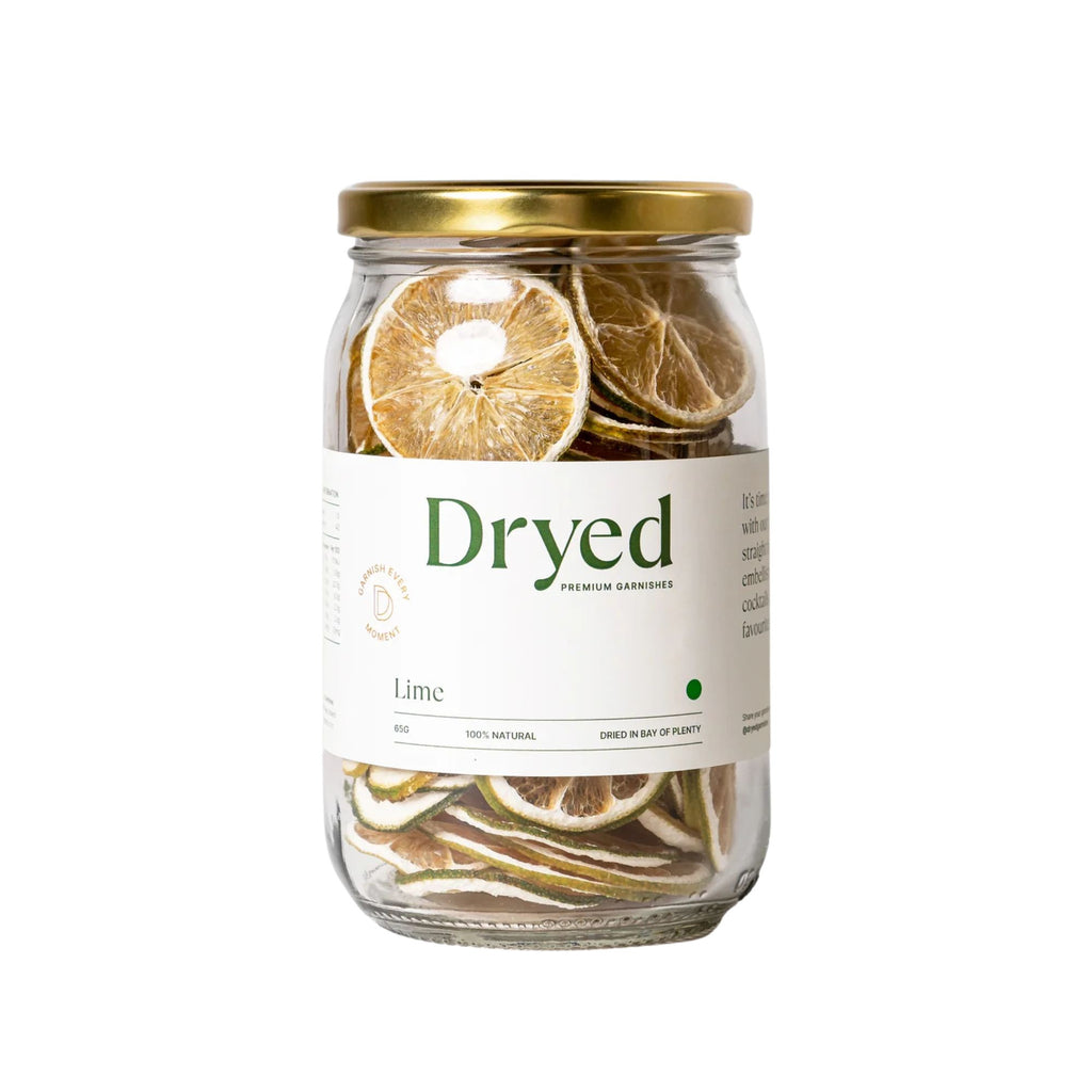 Dryed dehydrated lime slices in a glass jar with white label