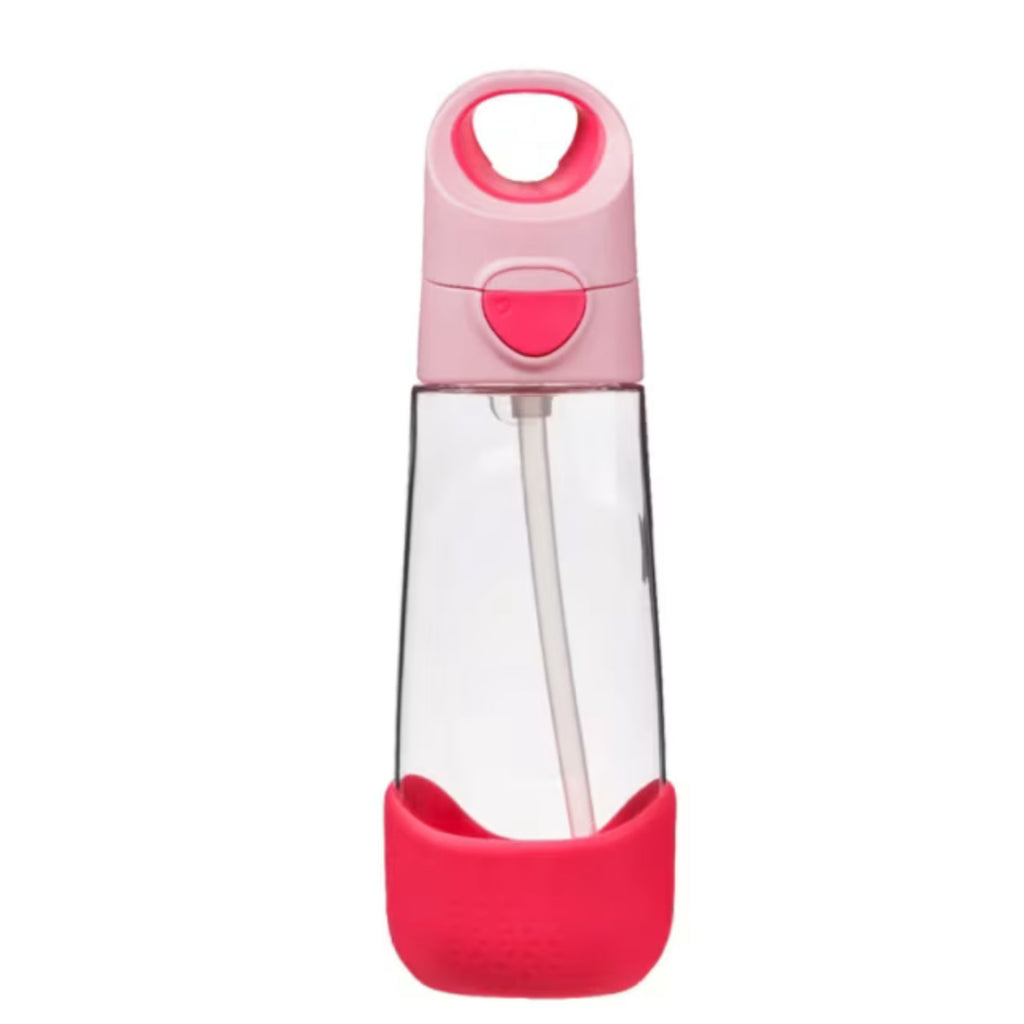 B.Box 600ml Tritan Drink Bottle Flamingo Fizz. A clear bottle with a light and dark pink lid and dark pink base