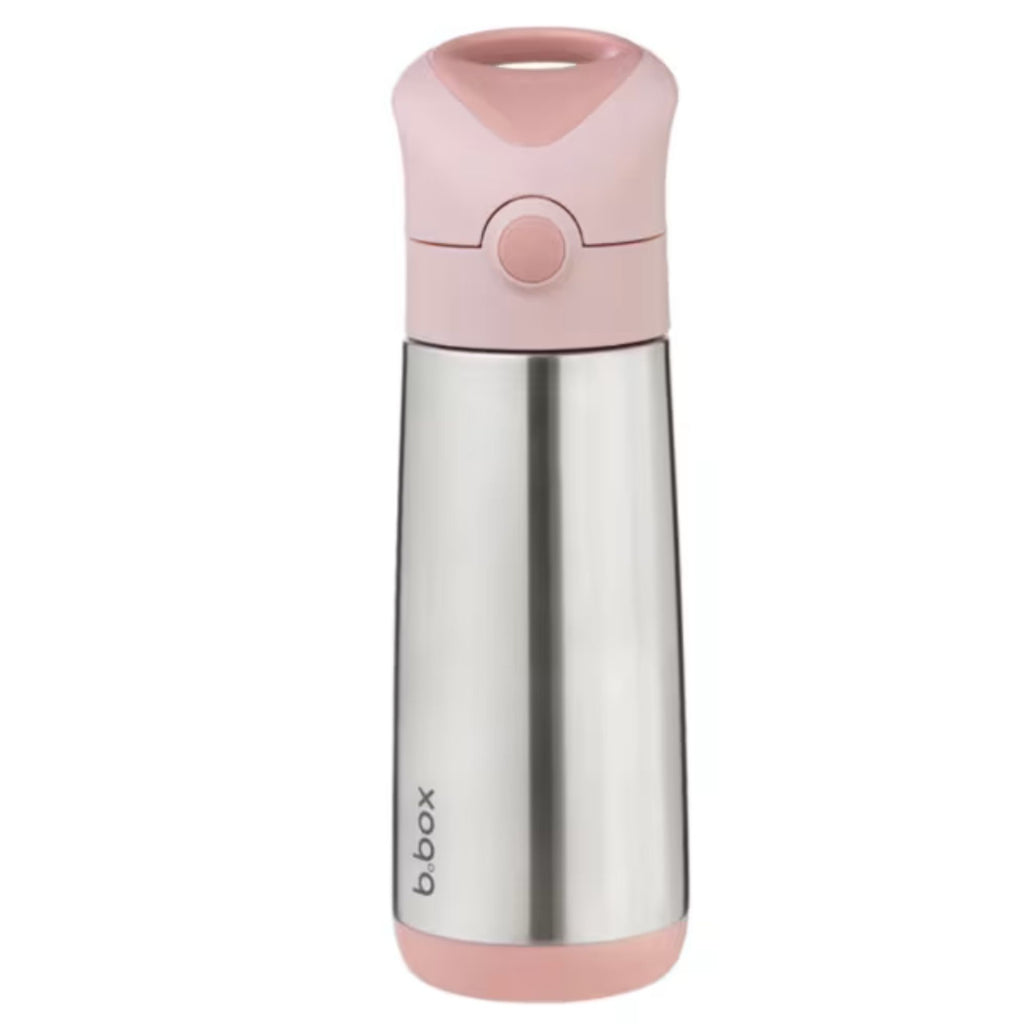 B.Box 500ml Insulated Drink Bottle Blush Crush. A stainless steel bottle with a light pink lid and bottom