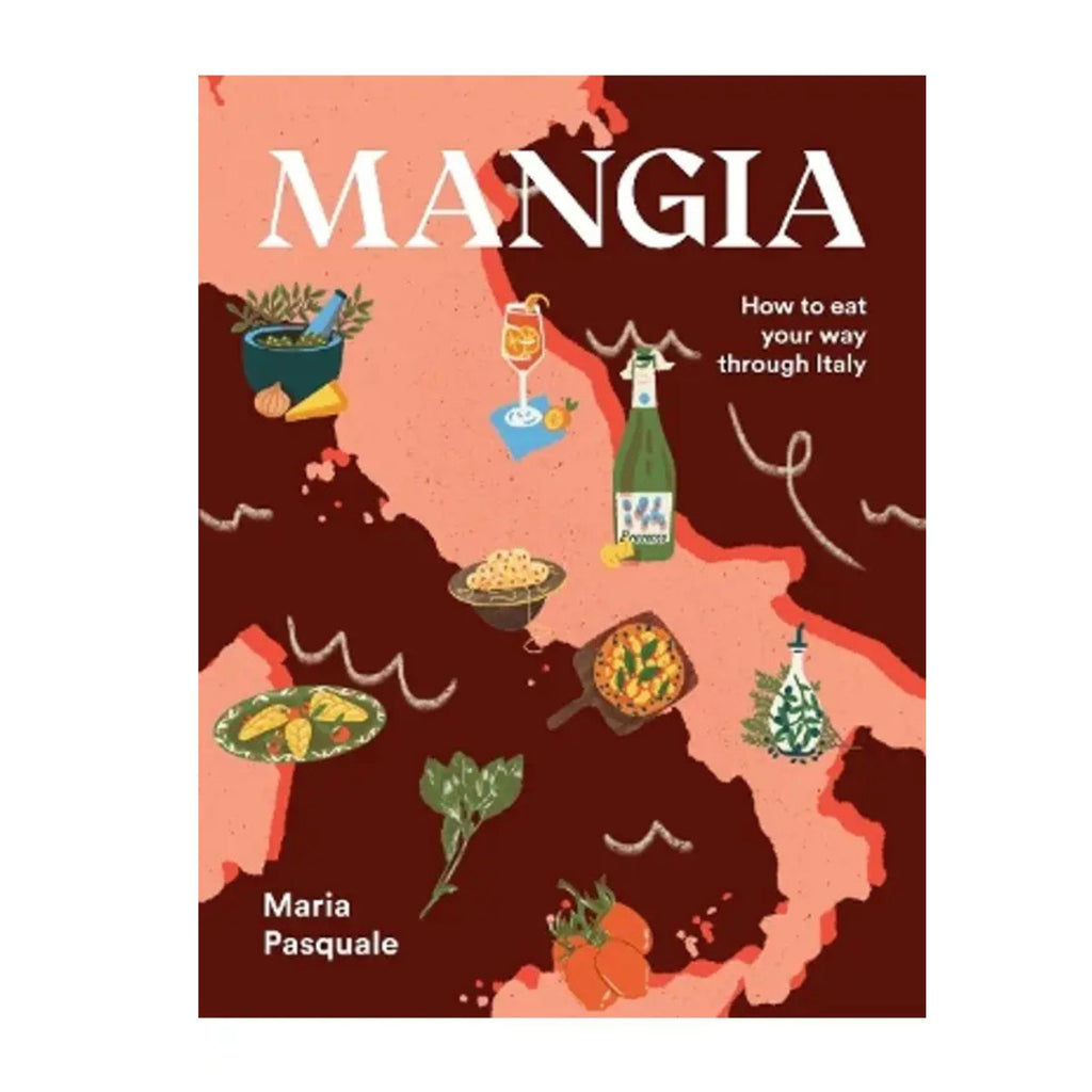 Book cover against a white background. Cover show a map of Italy with various Italian foods