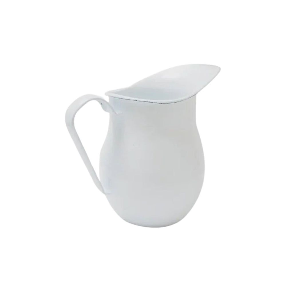 A white enamel water jug with a handle