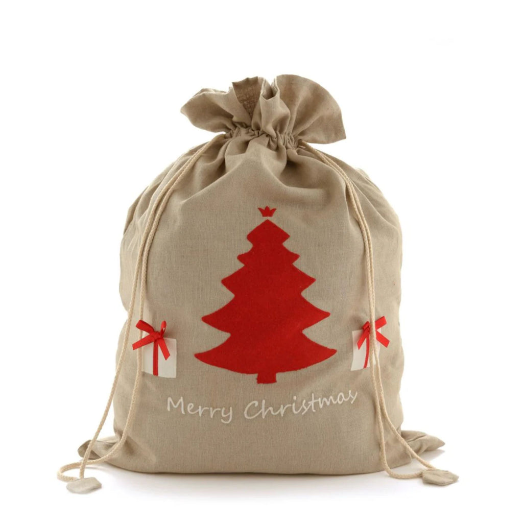 A large light brown burlap drawstring sack with a embroidered red tree and two white presents and white written text saying "Merry Christmas"