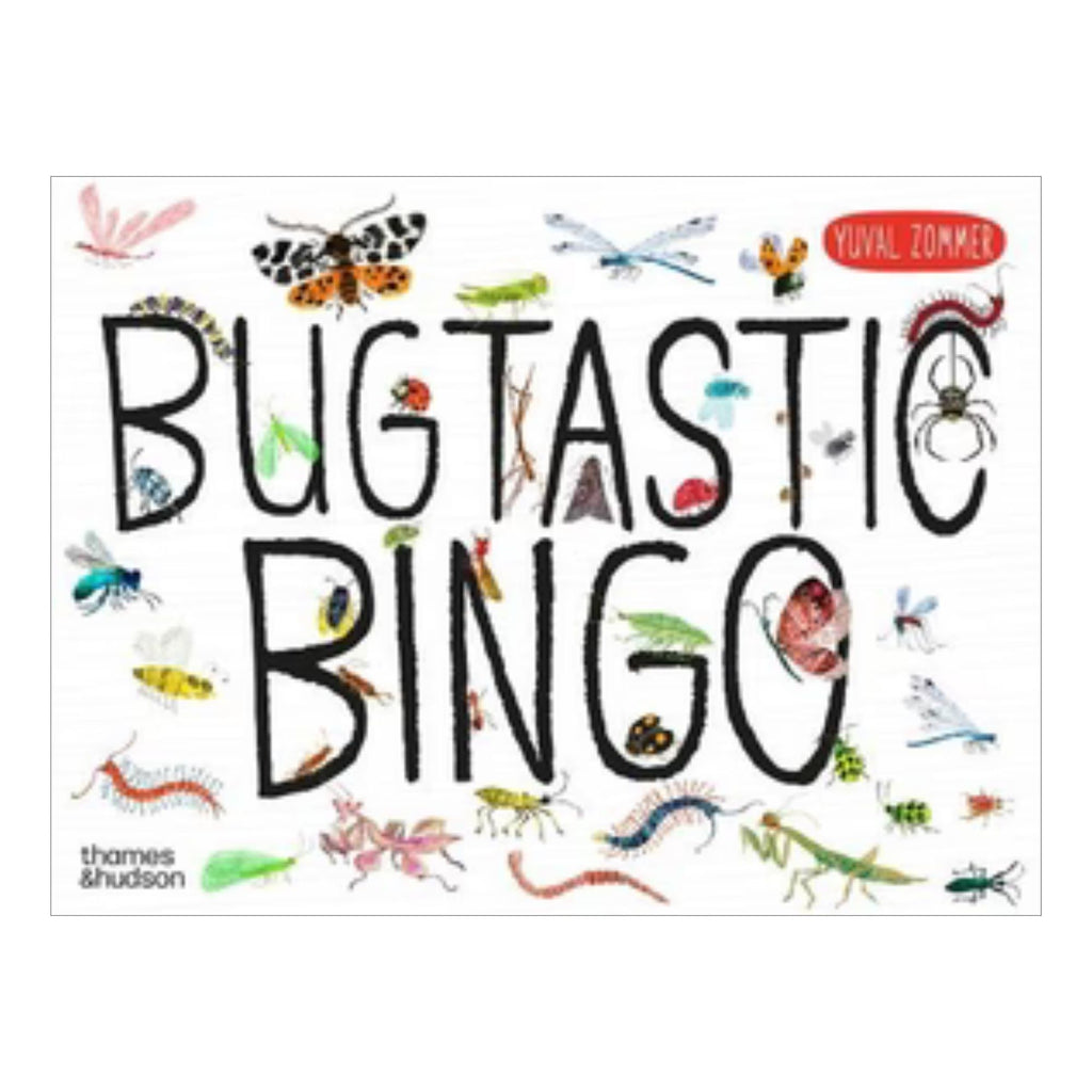 Game box cover against a white background. Cover has Bugtastic Bingo  written in black and lots of small bug illustrations on a white background