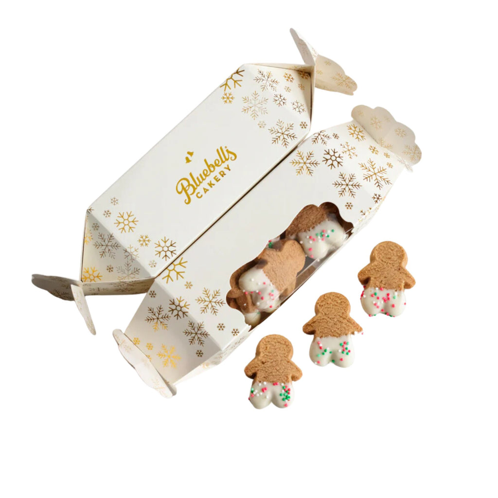 Gingerbread people biscuits and a Christmas cracker shaped box 