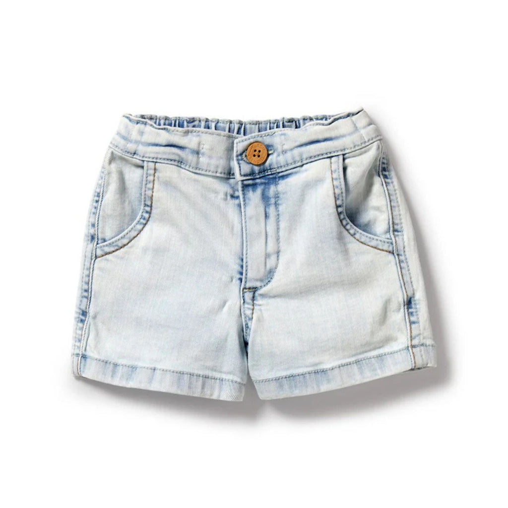 white background with a pair of children's denim shorts