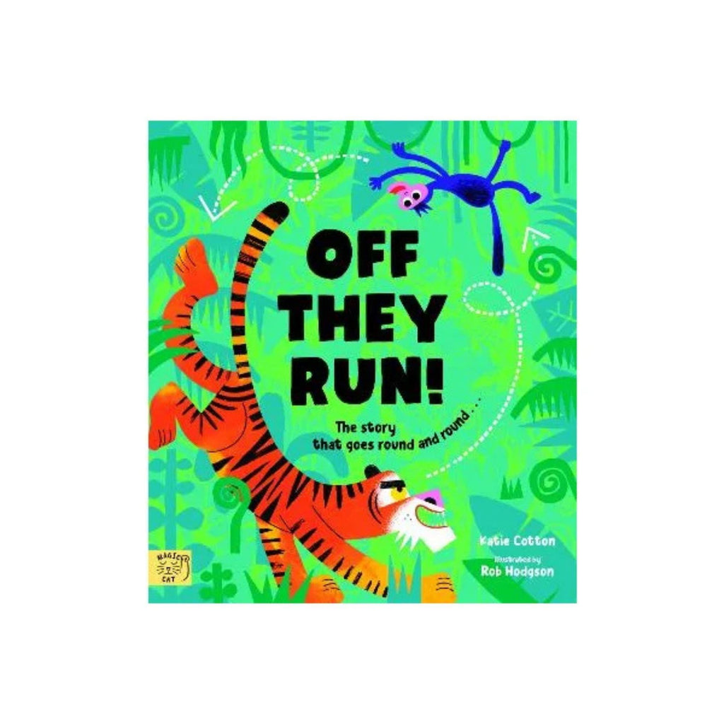 Off they run book cover featuring a green jungle cover, tiger and a monkey