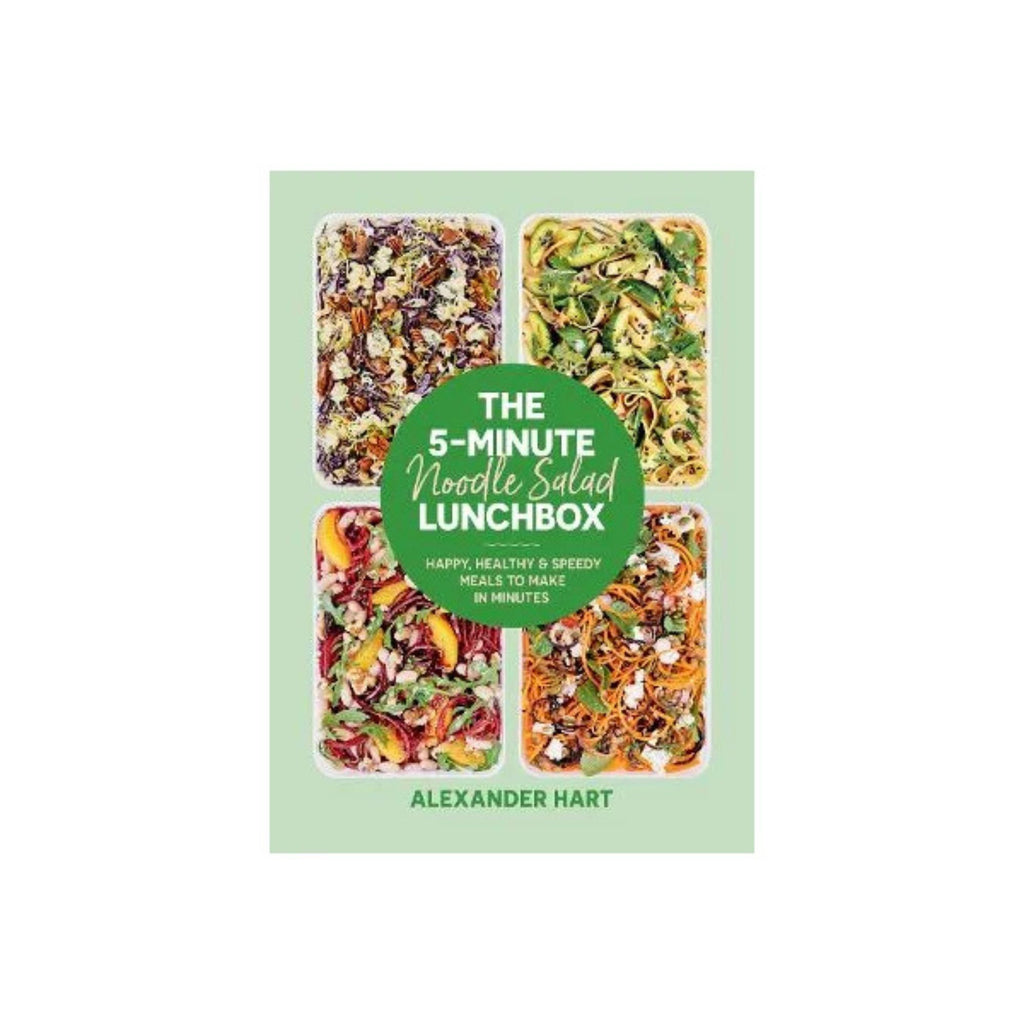 The 5 minute noodle salad lunchbox book cover with 4 images of salads on a green background