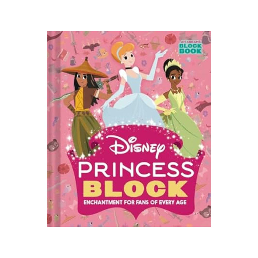 Disney princess block book featuring three disney characters on a pink background