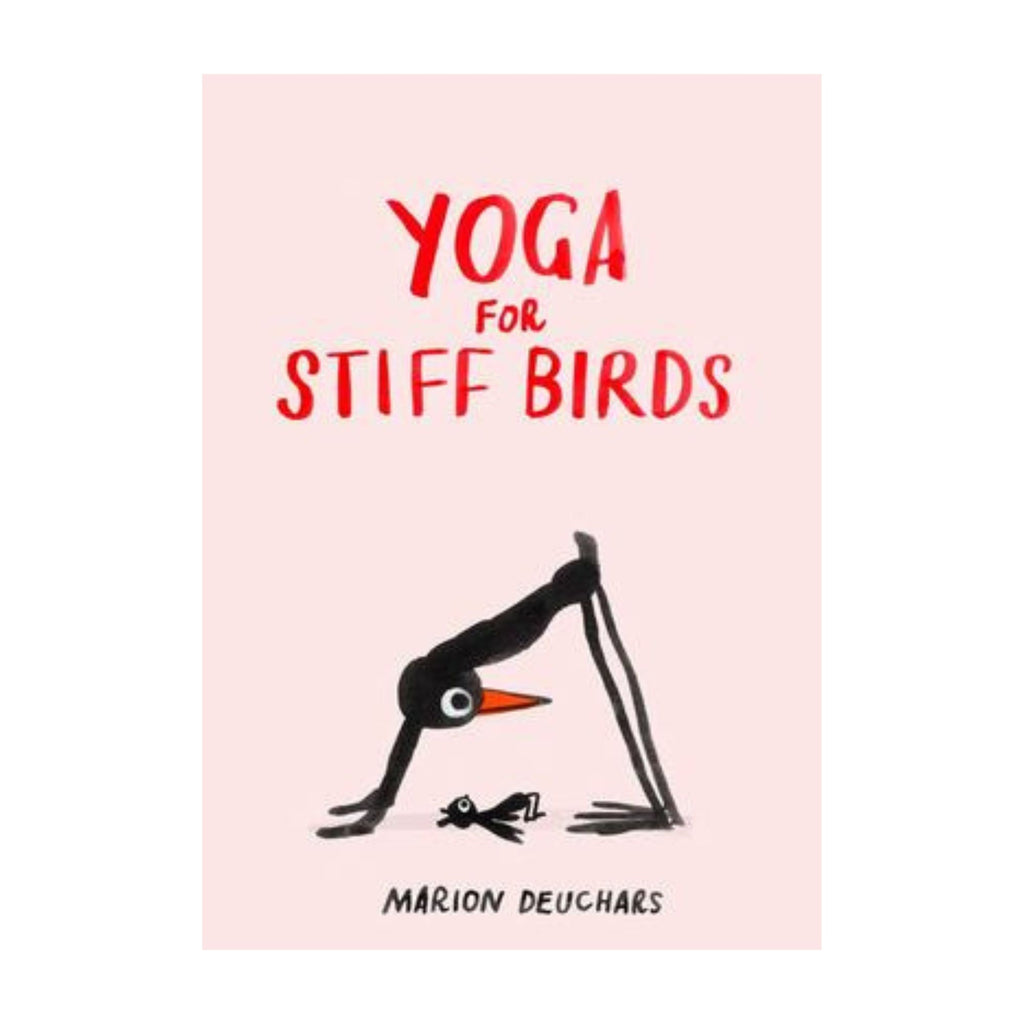 Yoga for stiff birds book cover in pink with an illustration of a black bird doing yoga