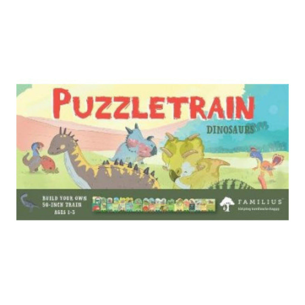 Puzzletrain dinosaurs box featuring illustrations of dinosaurs in a landscape