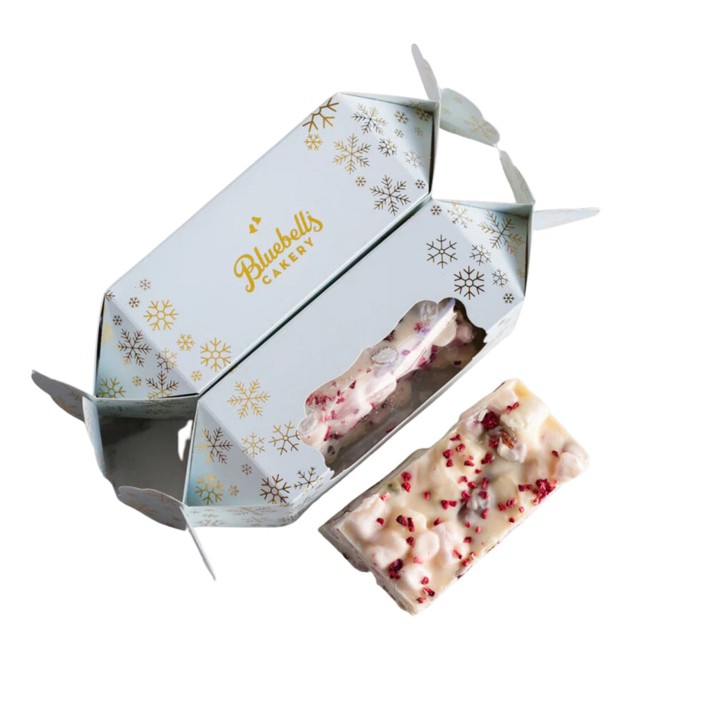 White chocolate rocky road with a light blue Christmas cracker shaped box