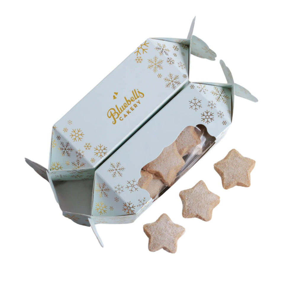 Shortbread stars with a light blue Christmas cracker shaped box 