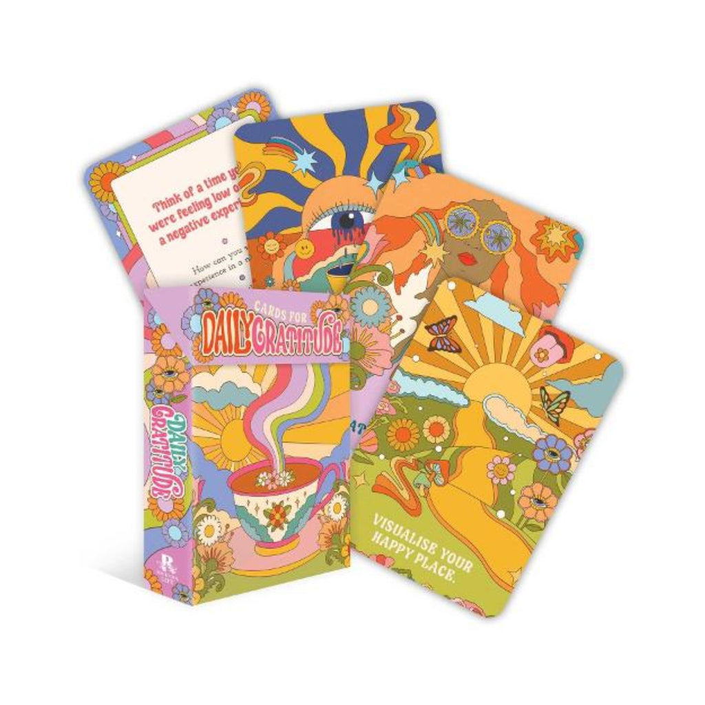 A set of gratitude cards with a box and 4 various. cards featuring Psychedelic style multi-coloured art