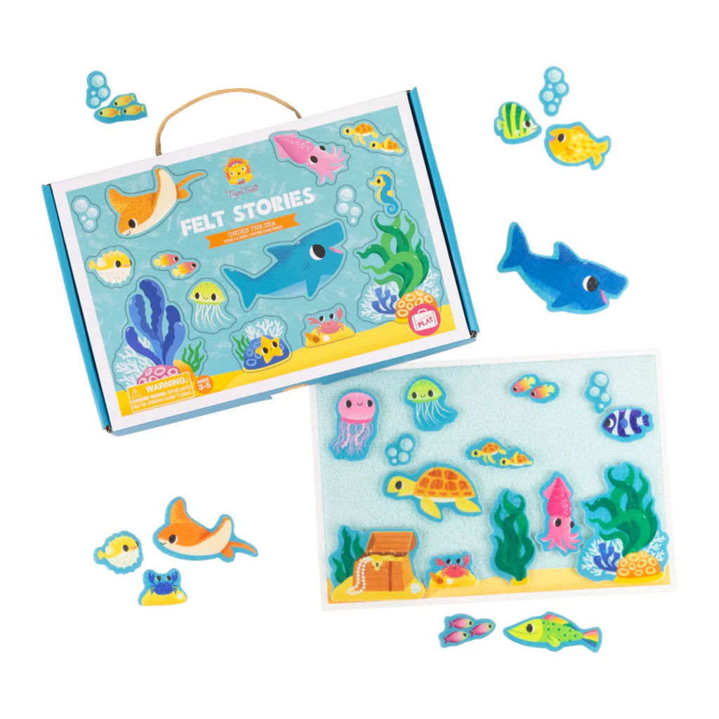 Cardboard box set with illustrations of ocean creatures labelled "felt stories under the sea" and a felt  underwater setting board with felt fish