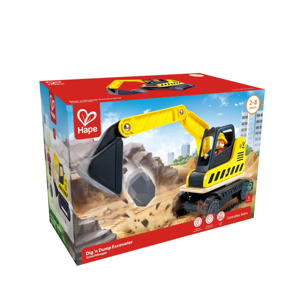 Box of  with toy excavator, figure and rock on the front