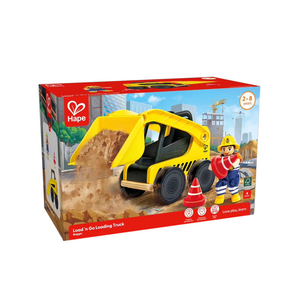 Box of yellow toy loading truck, construction person figure and 2 red cone figures